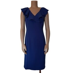 CALVIN KLEIN Blue V-Neck Knee Length Sleeveless Ruffle Sheath Dress - Size 8